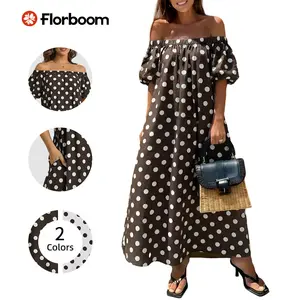 Florboom Women's Off Shoulder Casual Dress, Maxi Dress with Polka Dots, Summer Dress for Vacation, Parties, and Beach,Summervibes