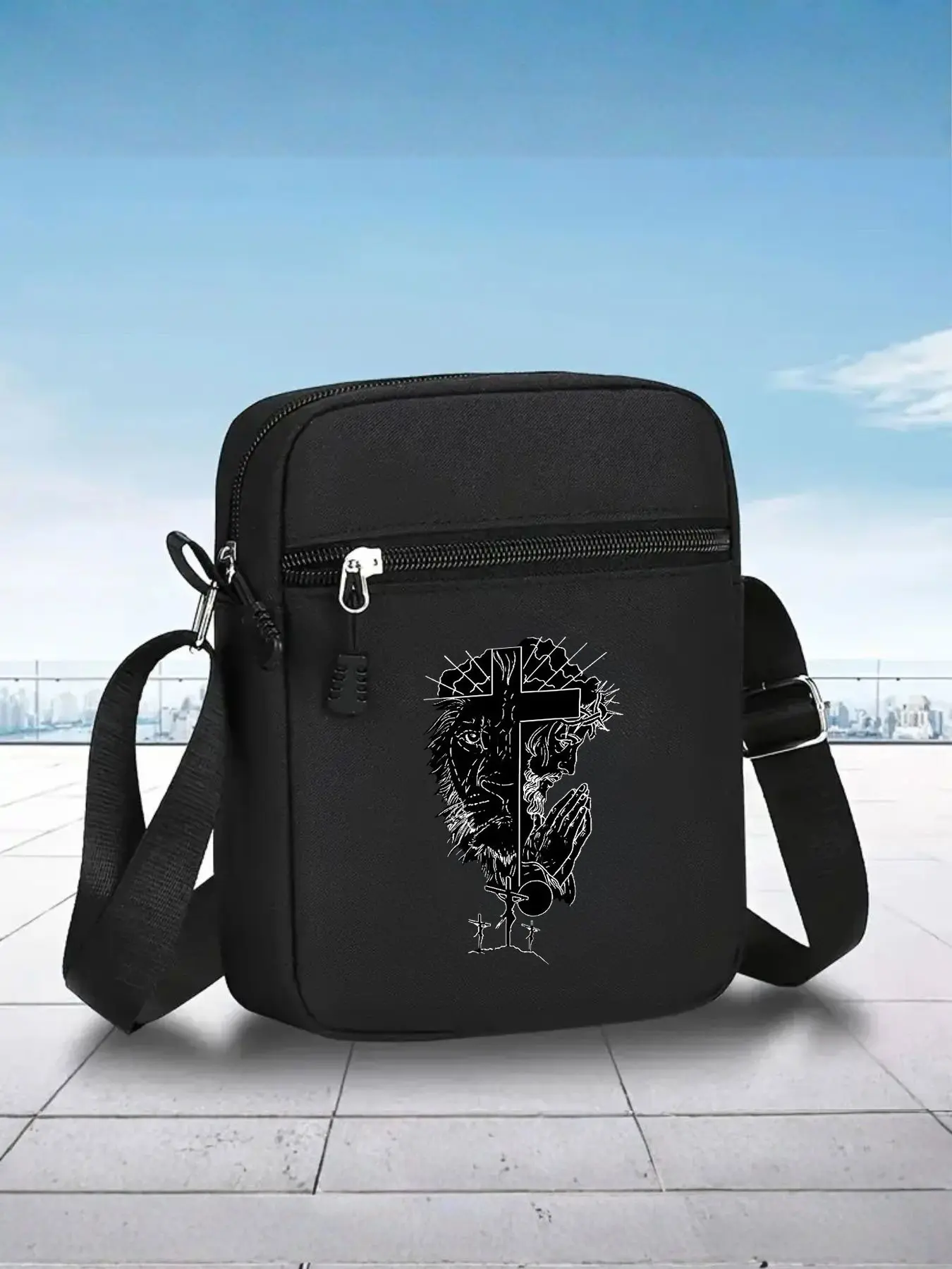 Lion Jesus Cross Graphic Messenger Bag, Adjustable Street Fashion Shoulder Bag, Crossbody Shoulder Bag, Casual Crossbody Bags, Unisex Outdoor Sports Bag, Perfect for Daily Wear and Gifts