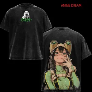 Tsuyu Asui My Hero Academia Anime Double Printed Vintage Washed Tee Unisex Oversize Anime Manga Washed Heavyweight Cotton T-shirt