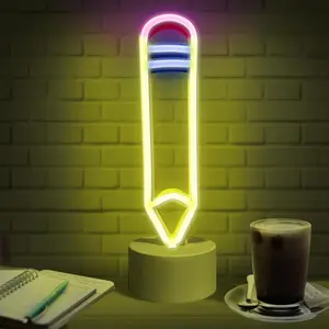Pencil LED Neon Signs - Desk/Table Lamp with Stand for Bedroom, Study Room, Game Room - USB/Battery Powered Pencil Neon Lights - Birthday Gift for Girls, Boys, Teens, Adults