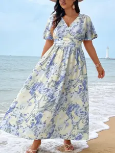 Plus Size V Neck Dress, Short Sleeve Waist Cinching, Watercolor Floral Print, Casual Midi Dress, Fitted Ruffle Design, Bohemian