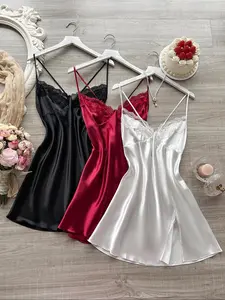 Women's Contrast Lace Criss Cross Backless Cami Nightdress, Adjustable Spaghetti Strap Satin Nightgown, Soft Comfortable Sleepwear for Women, Loungewear