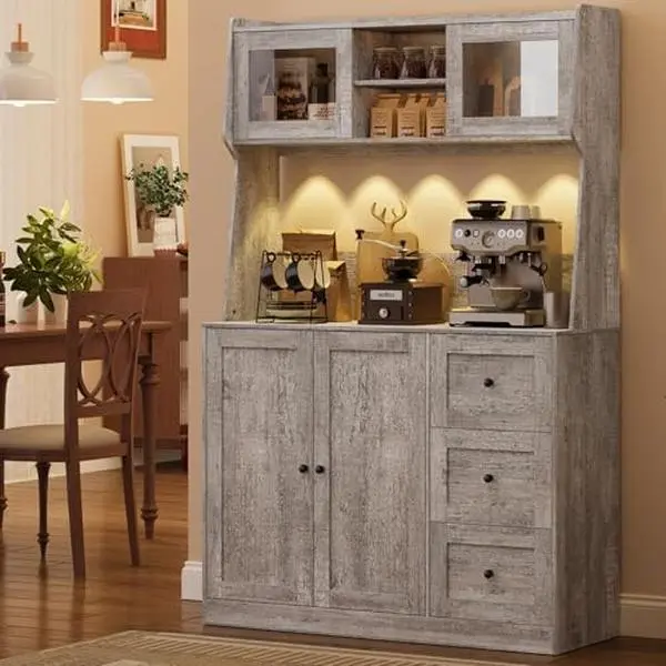 GARVEE 67 in Tall Grey Kitchen Hutch Storage Cabinet - Freestanding Coffee Bar with 3 Drawers, LED Lights, Countertop for Living & Dining Room