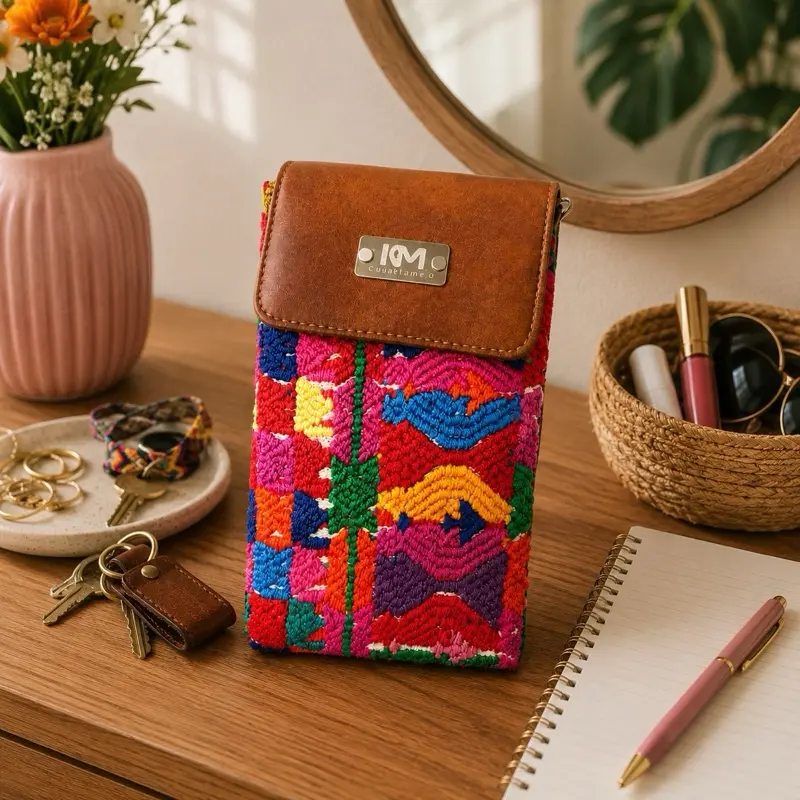 Handmade Guatemalan Phone Wallet, Brown Vegan Leather Card Holder for Daily Use