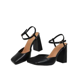 Women's Square Toe Mary Jane Pumps with Architectural Triangular Block Heel, Adjustable Ankle Buckle Strap, Synthetic Leather Upper – Available in Multiple Colorway Options