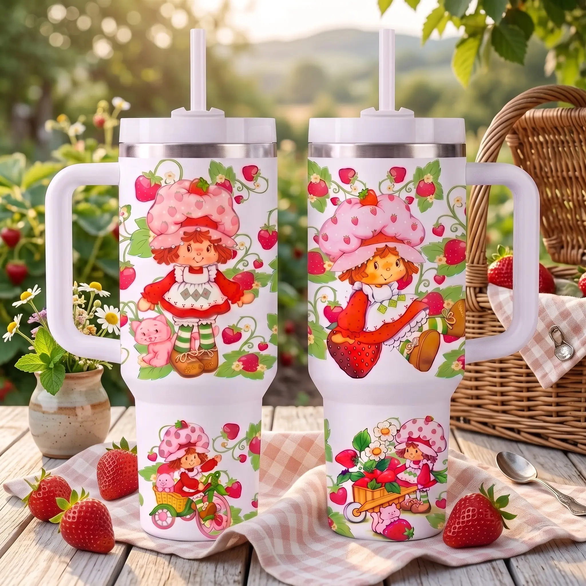 Strawberry Cartoon Portable Insulated Tumbler with Lid, Strawberry Pushes The Cart And Bicycle, Straw and Handle, Stainless Steel Vacuum Insulated Travel Mug for Water, Coffee and Tea, Pink Cat Print Gift for Girls and Women, Drinkware