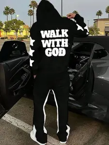 The black hoodie and sweatpants paired with the "WALK with GOD" print and star pattern are an ideal choice for streetwear and religious style styling