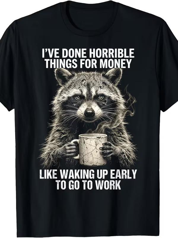 Men's Regular Fit Menswear Short-Sleeve Medium Cut Funny Coffee Raccoon Crew Neck T-Shirt - Retro Graphic Print, Machine Washable Casual Top for Early Morning Routine, Year-Round Wear