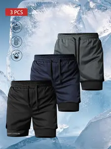 3pcs Summer Shorts Set, Anti-Exposure Sporty Five-Finger Pants, Men's Running Ice Silk Quick-Dry Breathable Fitness Marathon Double-Layer Shorts