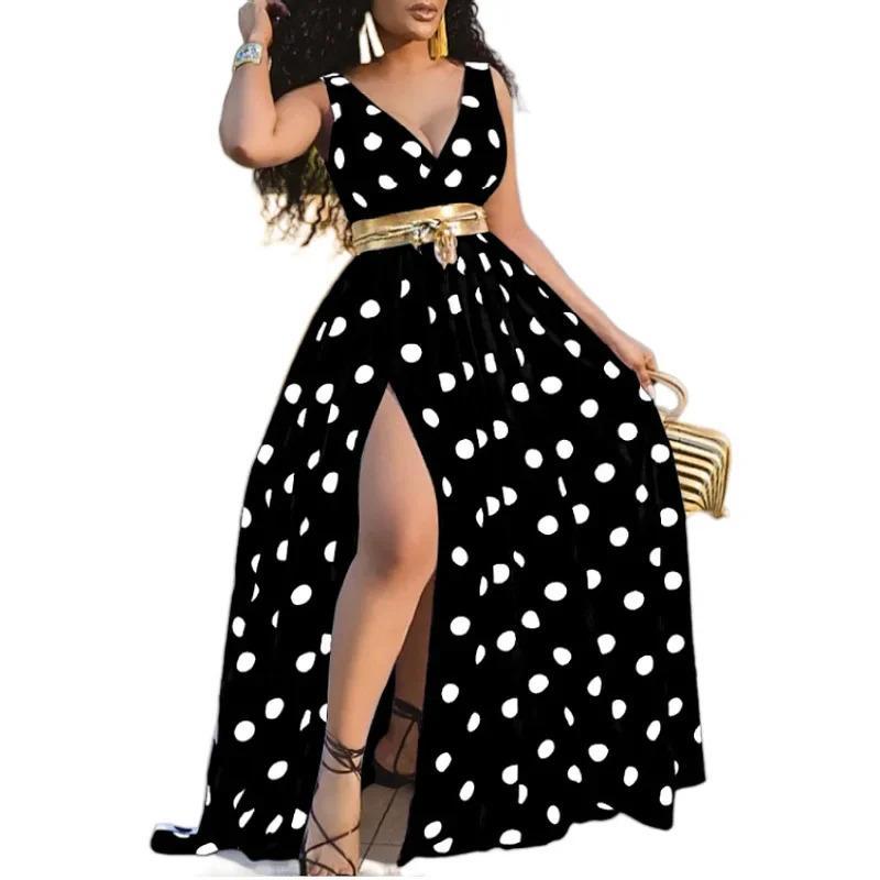 Summer Dress Printed Waist-Controlled Mid Waist Temperament Long Dress Sexy Slit Large Swing Dress with Belt Casual Fit Asymmetrical Womenswear Sleeveless Comfort Elegance Feminine Floral Twist Vneck Formal White