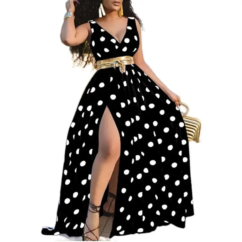 Summer Dress Printed Waist-Controlled Mid Waist Temperament Long Dress Sexy Slit Large Swing Dress with Belt Casual Fit Asymmetrical Womenswear Sleeveless Comfort Elegance Feminine Floral Twist Vneck Formal White