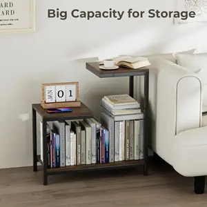 Venkuber HD-Gshaped G-shaped End Table - Small Side Table for Living Room, Bedside Table with Storage Shelf, Corner Tables Rustic Brown