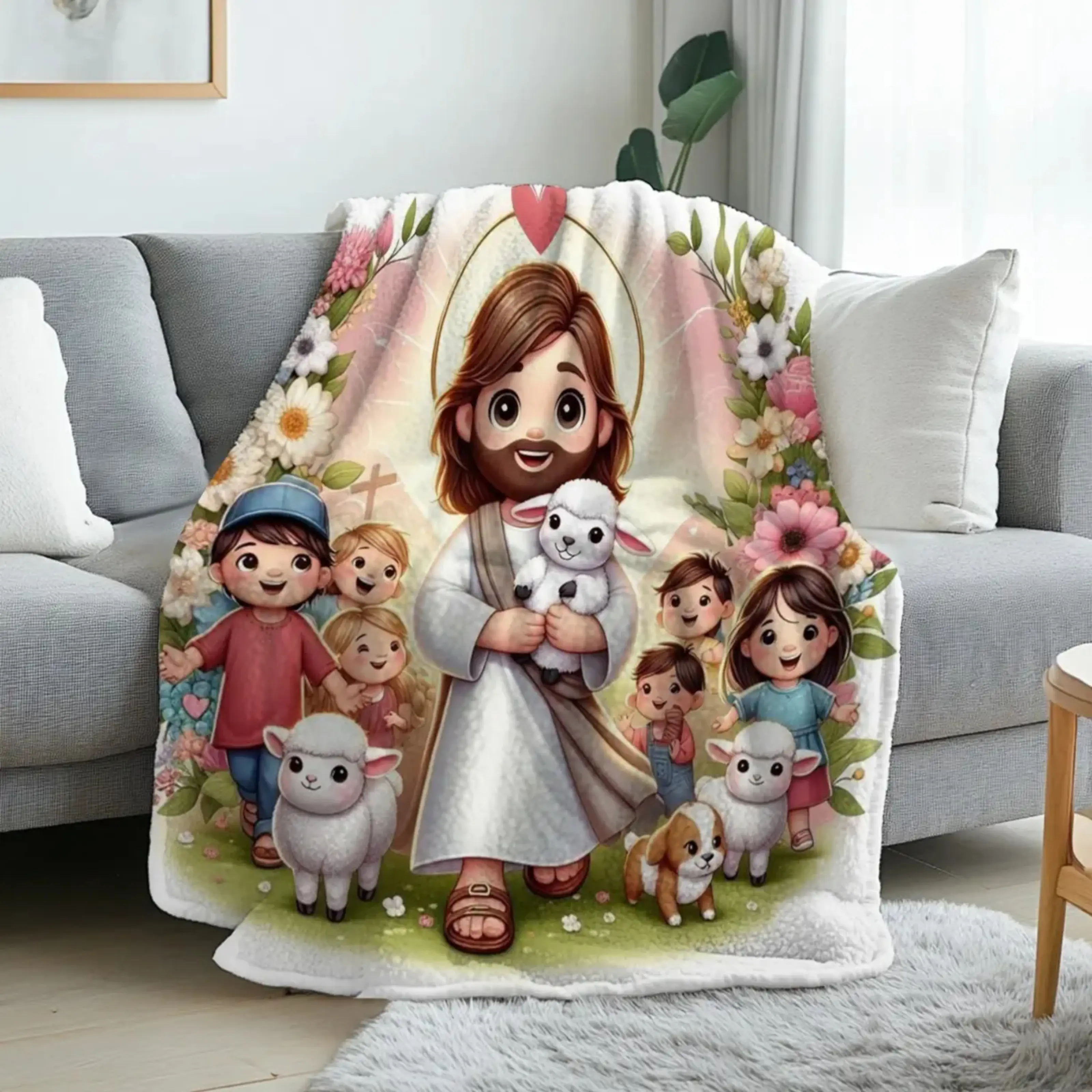 Jesus with Lambs, Flannel Blanket Soft, Warm, Cute Design Printed Pattern, for Living Room, Bedroom, Sofa, AllSeason Use, Halloween | christmas | room decor | fall decorations for home, Cozy Blanket, Contemporary Style, Decorative Throw