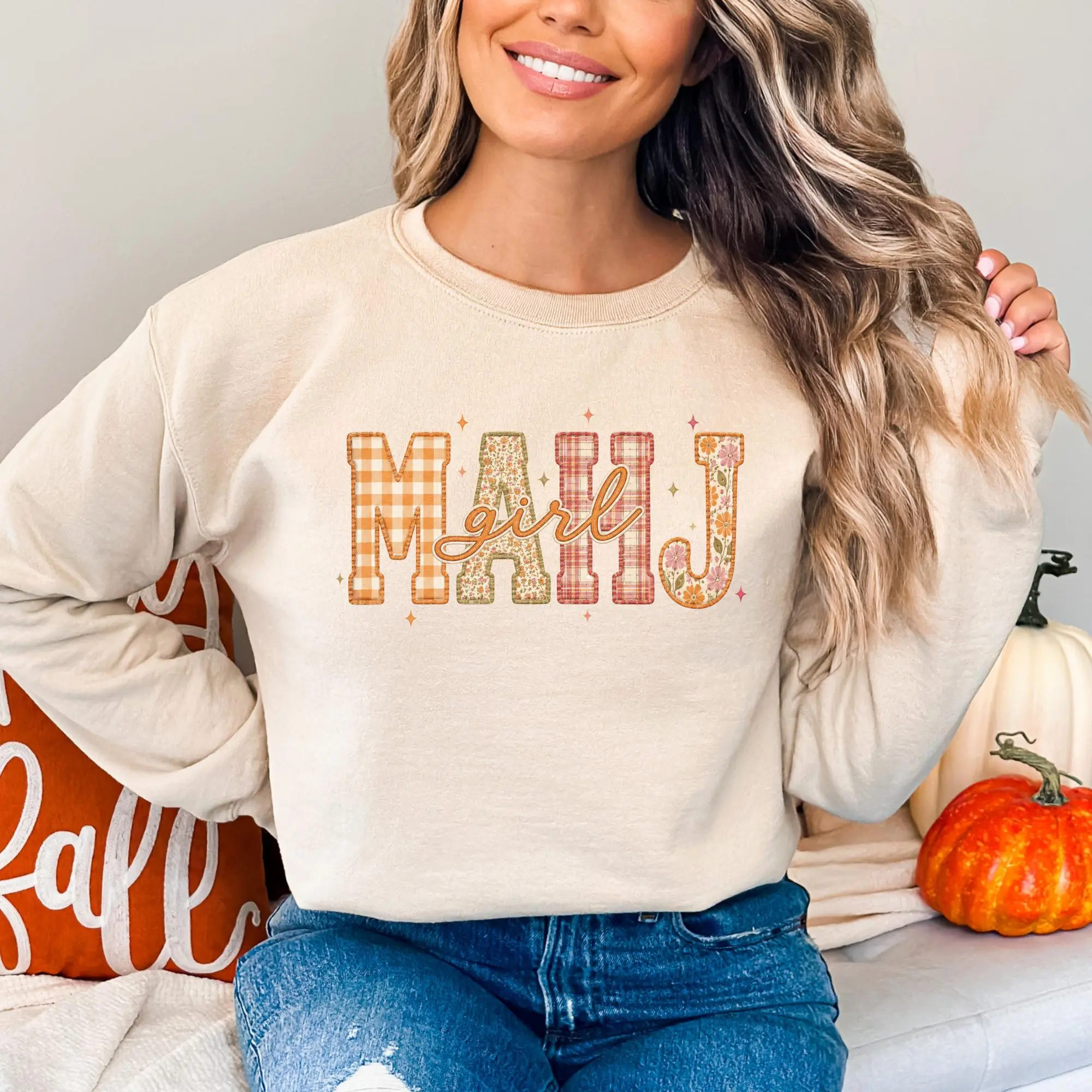 MAHJ Girl Faux Patch Letters Sweatshirt | Floral Plaid Mahjong Inspired Crewneck Casual Cotton