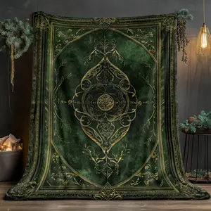 1pc Retro Vintage Dark Green Ornate Book Design Polyester Flannel Throw Blanket - Soft, Warm, Fade Resistant, 280GSM, Elegant Digital Printing with Intricate Patterns, All-Season Comfort for Sofa, Camping, Indoor/Outdoor Use