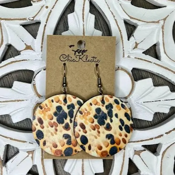 Western Brown Cow Speckle Print Sublimated Wooden Earrings - casual, bridesmaids, rustic - Fashion Accessory handmade dangle