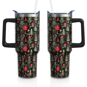 Christmas Gifts 40 Oz Tumbler with Handle and Straw, Green Xmas Tree Stainless Steel Insulated Cup Water Bottle, Retro Holiday Gifts for Women Men (1PC)