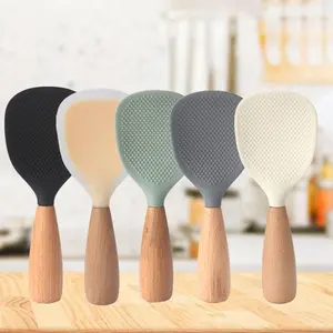 Silicone Spoon Heat Resistant Cooking Spoon with Wooden Handle, Nonstick Safe Rice Cooker Spoon for Kitchen Use