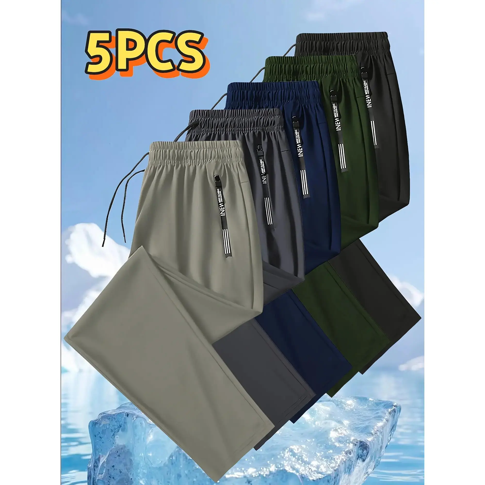 Men's Solid Ice Silk Workout Joggers, Stretchable Straight-Leg Athletic Pants with Pockets for Casual Activities & Gym, Workout Jogger