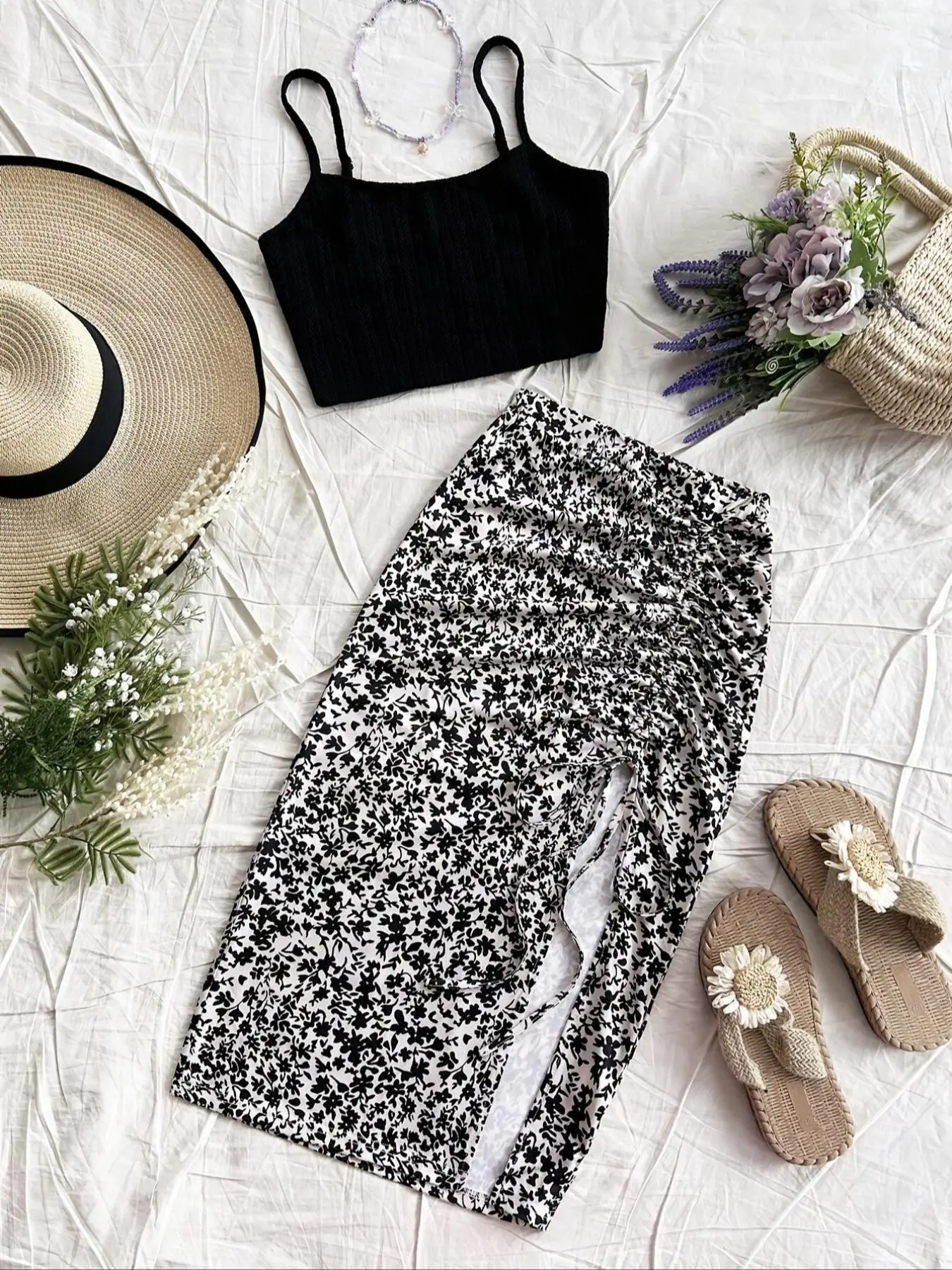 Summer 2-Piece Set: Casual Matching Set, Casual Boho Holiday, Boho Outfit Sets, Solid Color Sleeveless Thin Spaghetti Strap Top and Floral Split Skirt, Women's Fashion Clothing