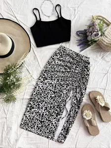 Summer 2-Piece Set: Casual Boho Holiday, Solid Color Sleeveless Thin Spaghetti Strap Top and Floral Split Skirt, Women's Fashion Clothing