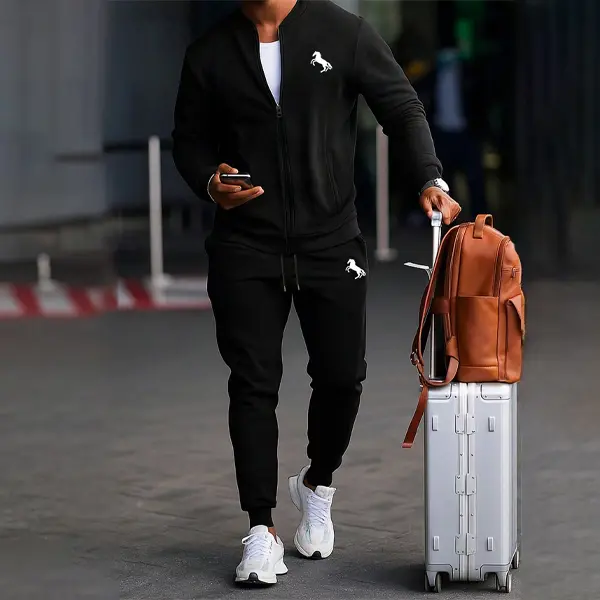 Men's 2-Piece Knit Fabric Tracksuit Set, Fitted Cut Hoodie & Drawstring Track Pants, Casual Outerwear with Embroidered Logo for Loungewear, Set Combo