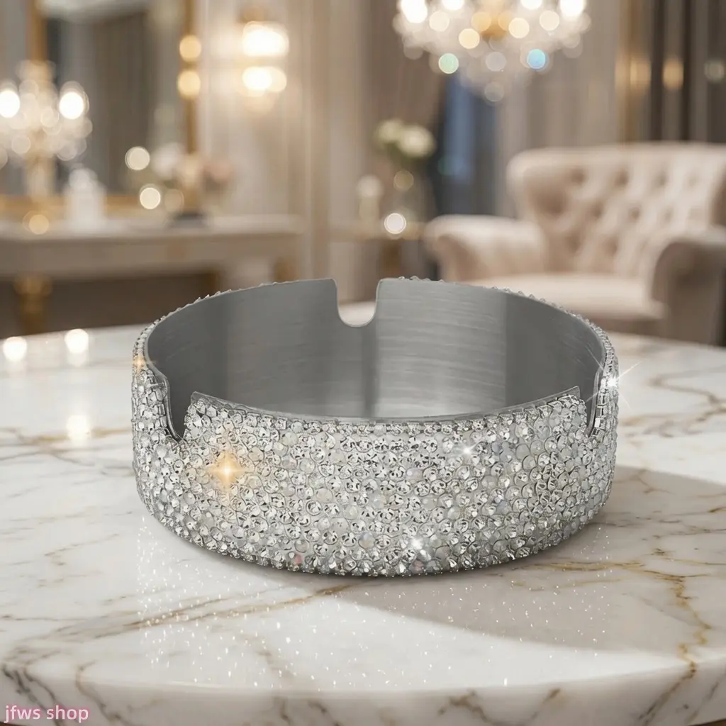 New Multi Function Stainless Steel Ashtray With Rhinestone Decor For Home Office Creative Light Luxury Design Smooth Finish Durable Easy Clean Personal Smoking Accessory Elegant Desk Decor Practical Gift For Smokers US Design