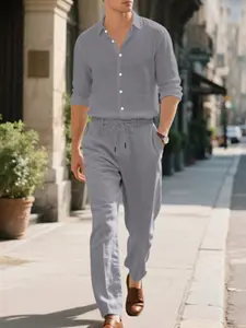 Men's Linen Set Spring Autumn, Long Sleeve Button-Down Shirt & Straight Leg Pants, Loose Fit Breathable Fabric, Casual Beach Vacation Wear