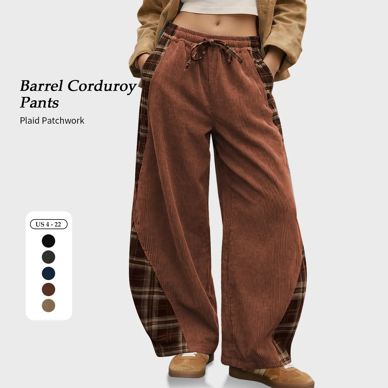 TARSE Women's Curved Leg Barrel Pants Corduroy Plaid Side Panel Casual Loose Vintage Trousers with Pockets