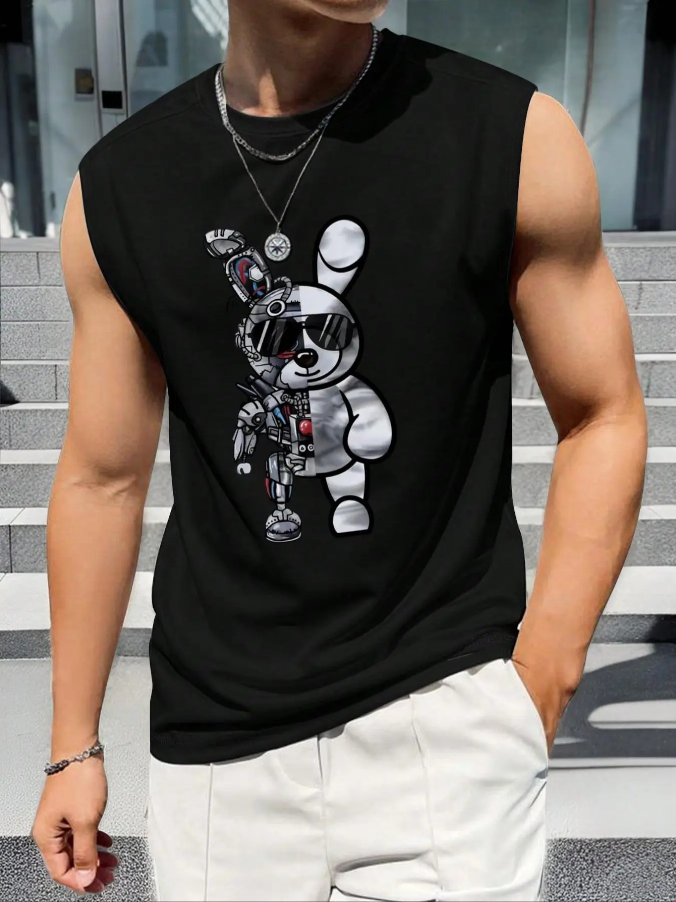 Men's Cartoon Bear Print Round Neck Knitted Stretch Tank Top, Regular Fit Casual Sleeveless Crew Neck Top for Summer, Fashion Menswear Men's Clothes for Daily Wear Apparel
