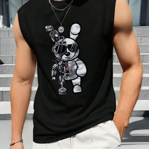 Men's Cartoon Bear Print Round Neck Knitted Stretch Tank Top, Regular Fit Casual Sleeveless Crew Neck Top for Summer, Fashion Men's Clothes for Daily Wear Apparel Fabric