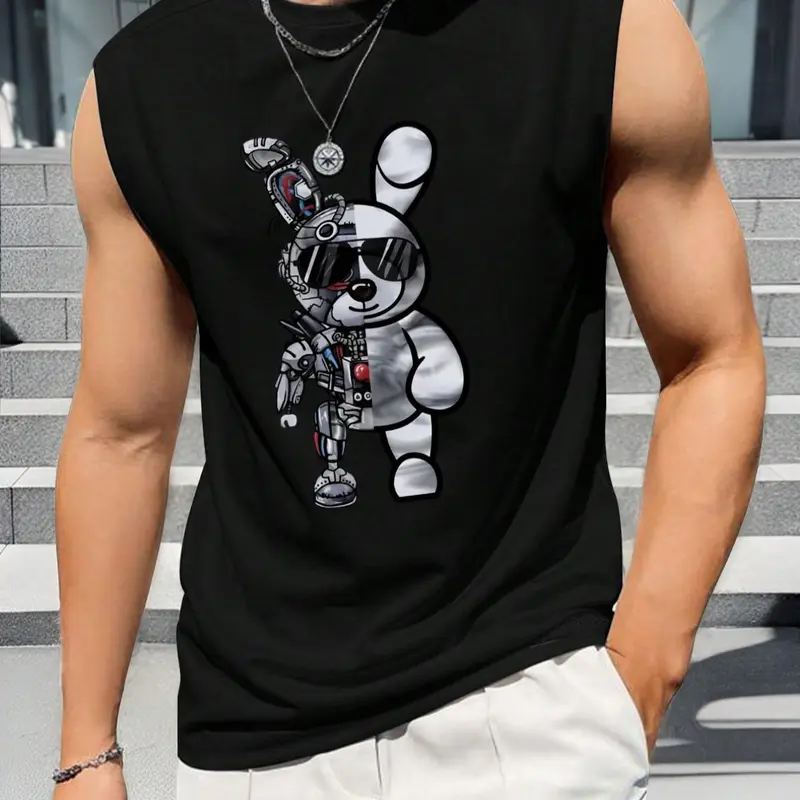 Men's Cartoon Bear Print Round Neck Knitted Stretch Tank Top, Regular Fit Casual Sleeveless Crew Neck Top for Summer, Fashion Men's Clothes for Daily Wear Apparel Fabric