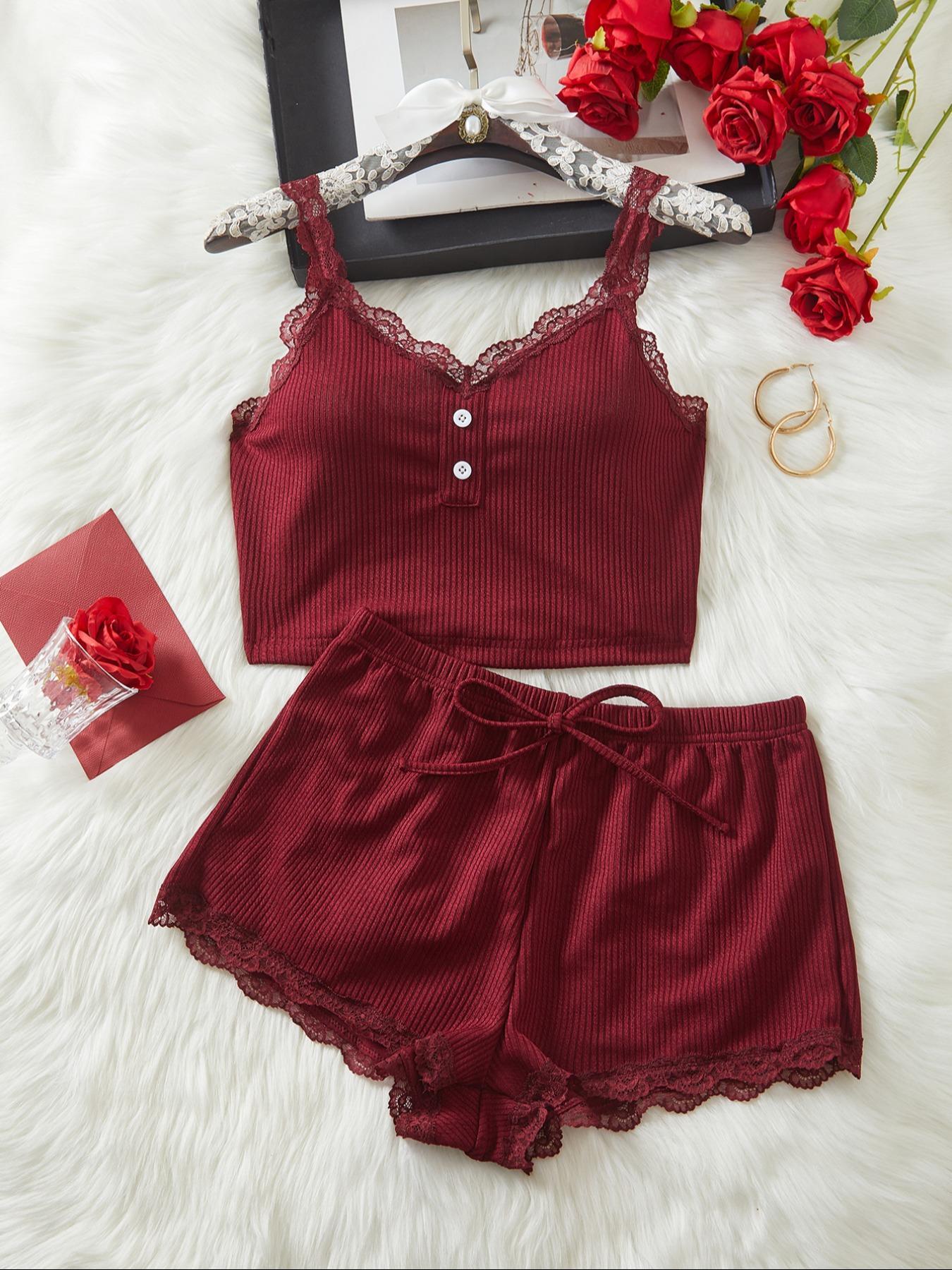 Women's Solid Ribbed Crop Top & Lace Trim Shorts Pyjama Set, Casual Comfy Strap Camisole & Shorts PJ Set, Ladies Sleepwear for All Seasons