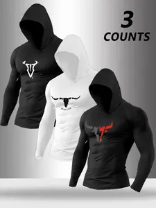 Men's Spring & Fall Bull Hoodies Set, Cow Print Drawstring Long Sleeve, Comfortable Streetwear, Activewear, Casual Fitted Design, 3 Pieces Pack, Graphic
