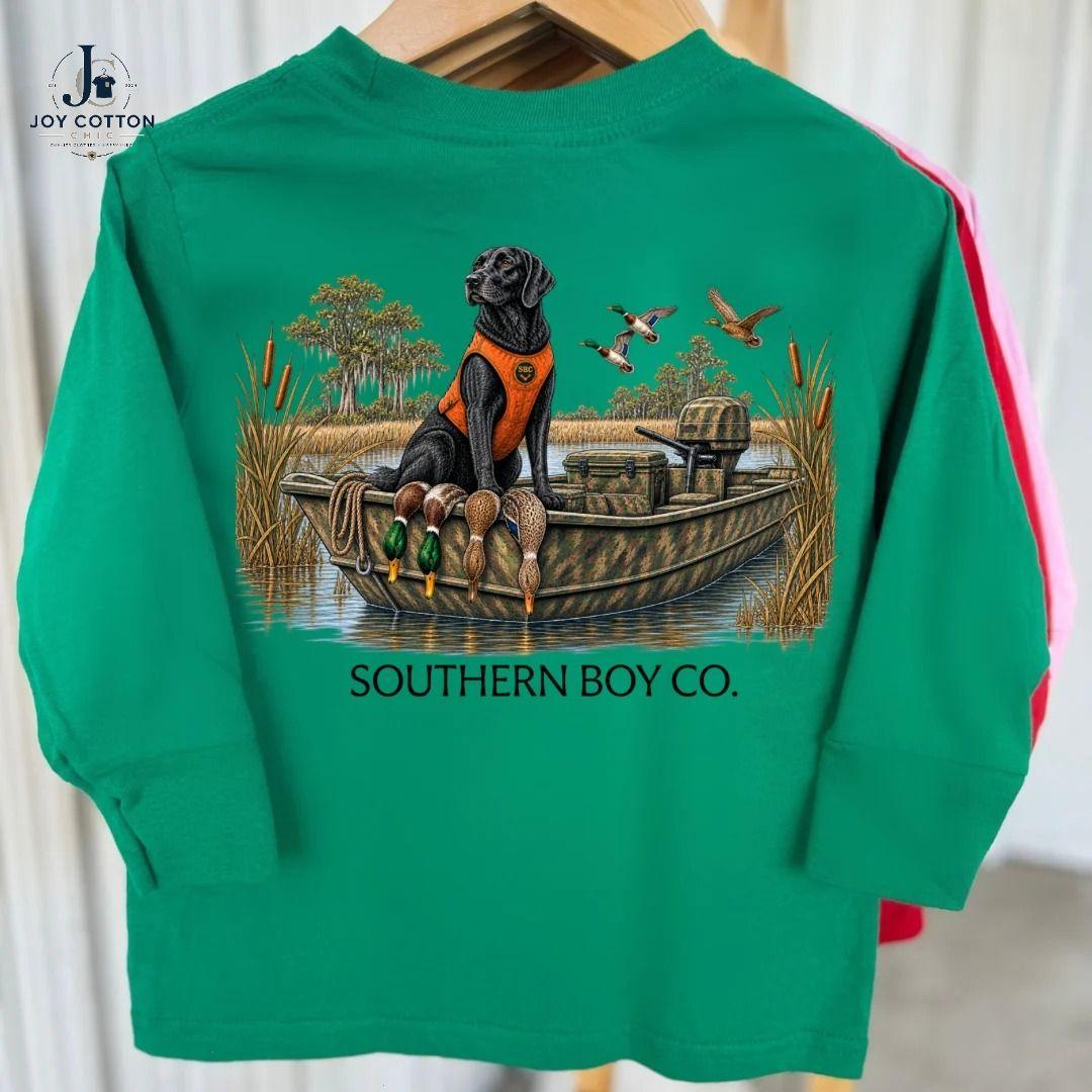 Youth & Adult Backwater Duck Lab Boy’s Long Sleeve Shirt, Graphic Tee for Daily Wear, Soft Printed Unisex by Joy Cotton Chic, USA-Made Apparel