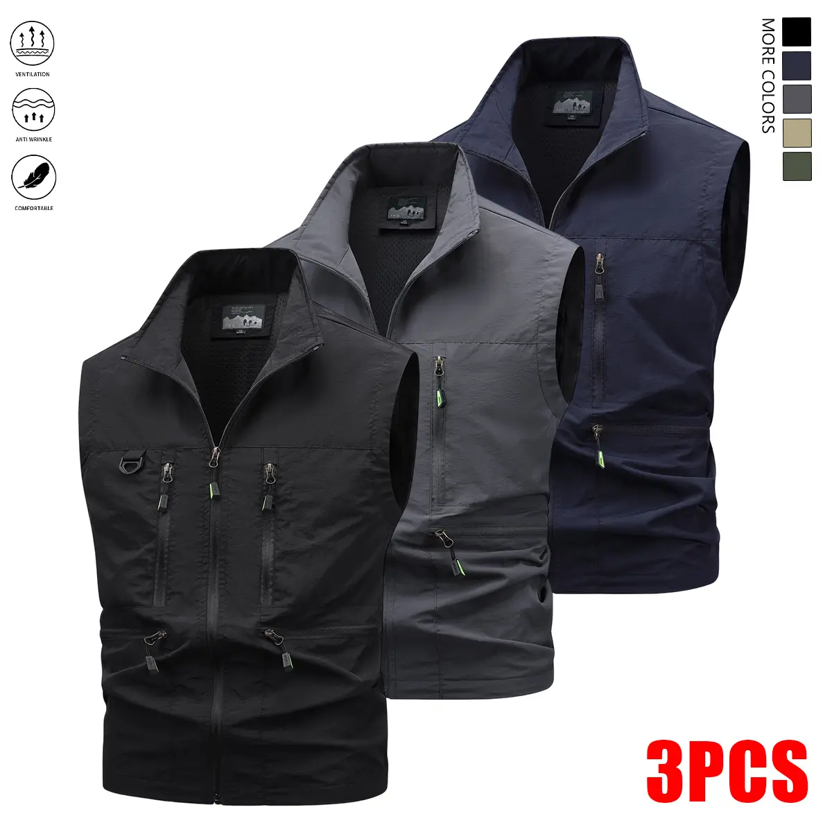 Men’s multi-pocket vest — suitable for outdoor fishing, photography trips, and all-season work wear; summer vest set featuring a men’s vest or short-sleeve top and a solid-color zip vest.