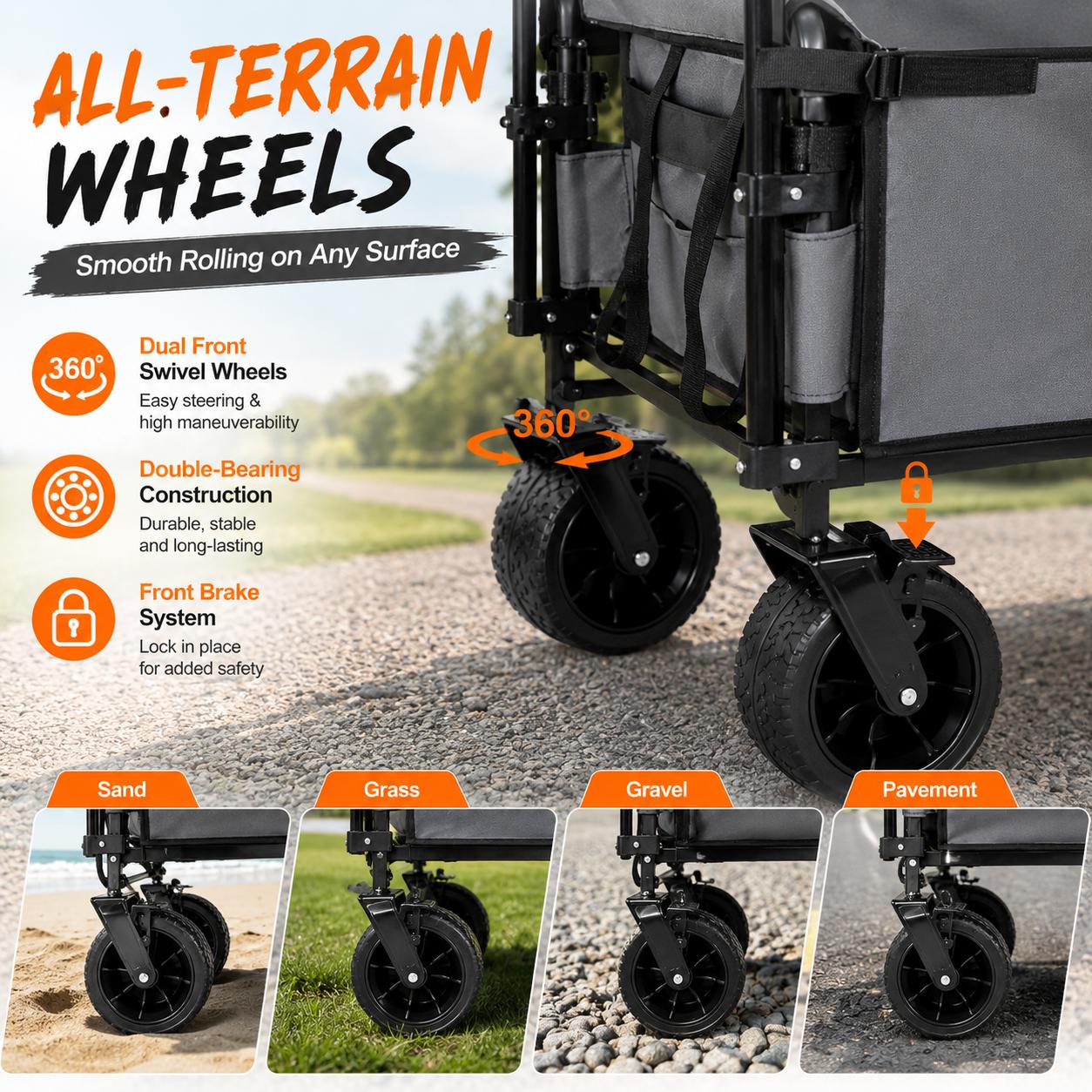 3-in-1 Collapsible Utility Wagon with 180L Capacity, Steel Frame, Bench Seat, Removable Canopy, Brake System, 500lbs Load, All-Terrain Wheels for Garden Camping-0028