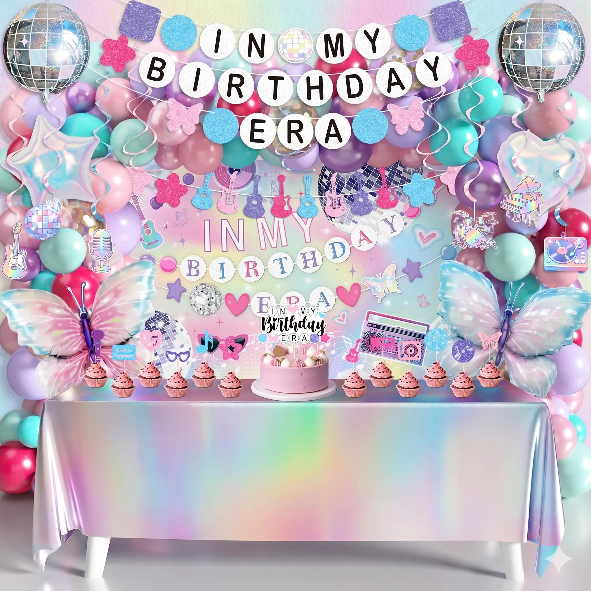 "In My Birthday Era Girls' Party Decorations Set - Pink Purple Music Themed Supplies with Backdrop, Balloon Arch, Friendship Bracelet Banner, Tablecloth, Cake Toppers, Hanging Swirls, Butterfly Accents & Party Gifts"