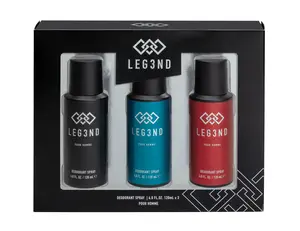 LEG3ND | Men’s 3PC Deodorant Spray Gift Set – 4oz Each – Red, Blue & Black Scents – Bold Masculine Fragrance, Long-Lasting Freshness & Travel-Friendly Body Care | Ideal for Everyday Use or Gifting