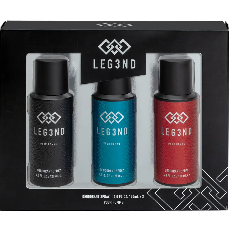 LEG3ND | Men’s 3PC Deodorant Spray Gift Set – 4oz Each – Red, Blue & Black Scents – Bold Masculine Fragrance, Long-Lasting Freshness & Travel-Friendly Body Care | Ideal for Everyday Use or Gifting