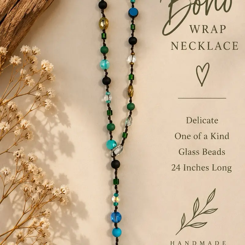 Female Boho Macrame Beaded Wrap Necklace with Pendant, Suitable for Daily Wear & All Seasons