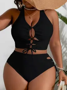 Plus Size Women's Black Solid Color Hollow-Out Strap Sexy Bikini Set High Waist Lace Up Top & Bottoms Summer Beachwear
