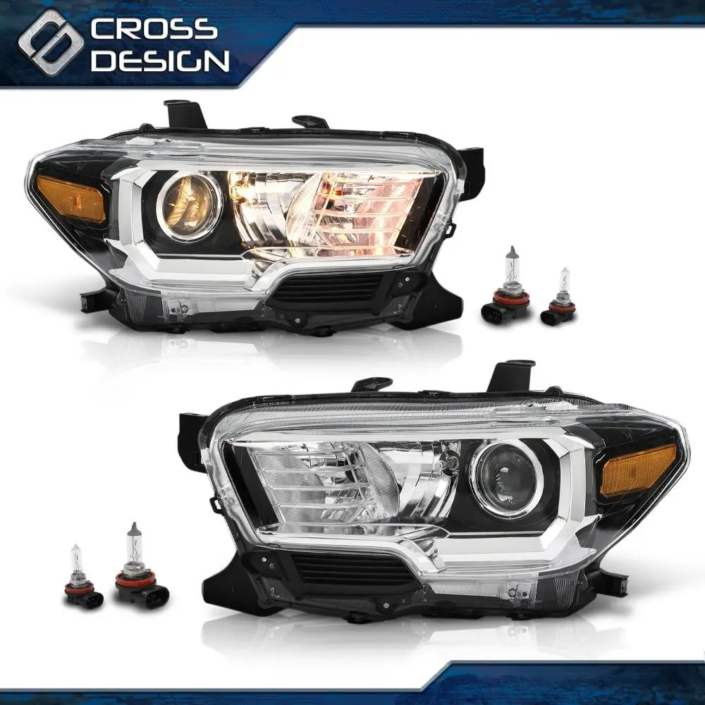 CROSSDESIGN Headlights w/ bulb w/o LED DRL Fits 2016-17 Toyota Tacoma Left+Right Headlamps