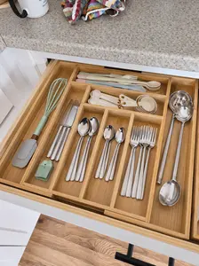 Adjustable Bamboo Drawer Organizer Expandable Utensil Tray Cutlery Divider Kitchen Storage for Home Gift Housewarming