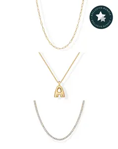 PAVOI 14K Gold Plated 3-Piece Layered Necklace Set for Women – Small Paperclip Chain, 15" Simulated Diamond Tennis Necklace & Bubble Initial Pendant Necklace - Tiktok Bundle