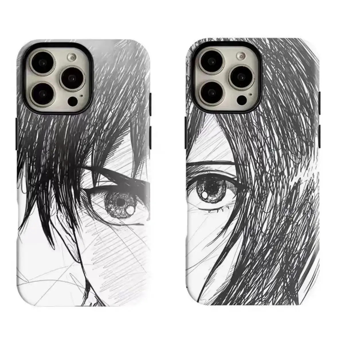 Attack on Titan Eren & Mikasa Half-Face Sketch Custom Cellphone Cover, Monochrome Manga Style Shockproof Polycarbonate Protection Case for iPhone 11-17 Pro Max, Samsung S22-S26, Fan Gift