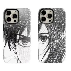A-Attack 0n T-T1tan E-Eren & M-Mikasa Half-Face Sketch Phone Case, Monochrome Manga Style Cover For iPhone 11 12 13 14 15 16 17 Pro Max For Samsung S26 S25 S24 S23 S22-Gift For Fans