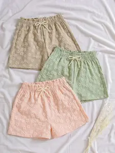 Girls 3-Pack 3D Floral Jacquard Ruffle Waist Drawstring Shorts Set, Elastic Waist Summer Casual Shorts in Khaki/Green/Pink for Toddler Kids Daily Wear Elastic Waistband Shorts