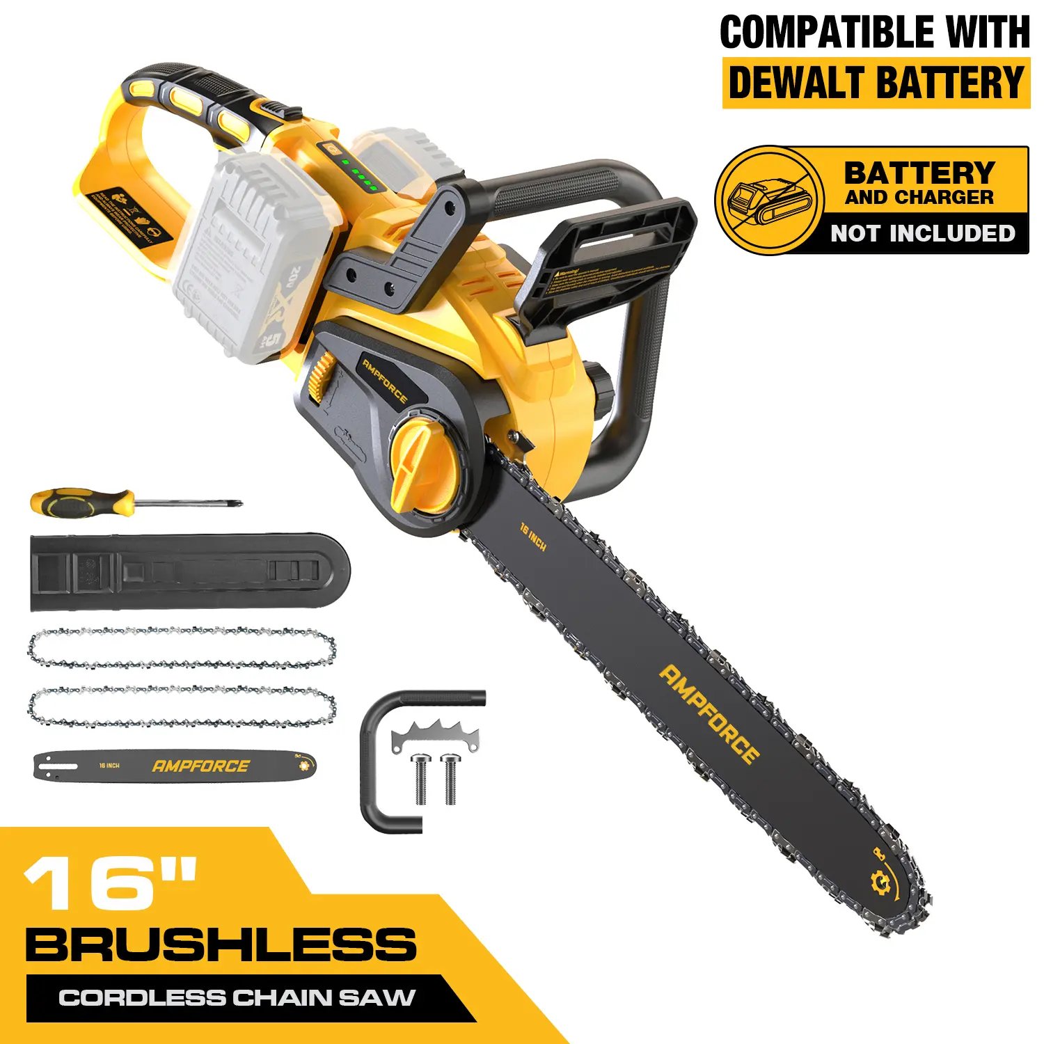 16 Inch Brushless Motor Cordless Chainsaw with Automatic Oil Pump, Compact Oil Can, 40V (2x20V MAX) DeWALT 20V Battery Compatibility, 4-8Ah Support, 2 Chains, Plastic Screwdriver, Metal/Plastic Build, Pruning/Firewood Use, Tool Only (Battery Not Included)