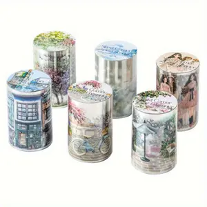 6 types of 12m landscaping seamless tape: clouds, trees, streets, roadsides, vehicles, simple girl theme. Retro style PET waterproof material DIY notebook decoration scrapbook material tape.